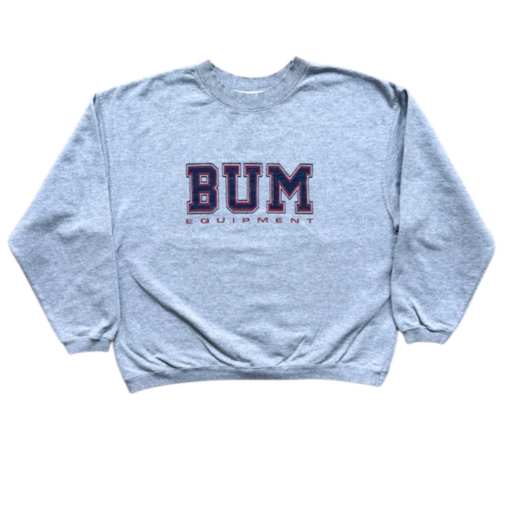 Vtg 90s B.U.M. Equipment Oversized Crewneck Sweatshirt Grey S Boxy 23x24.5
